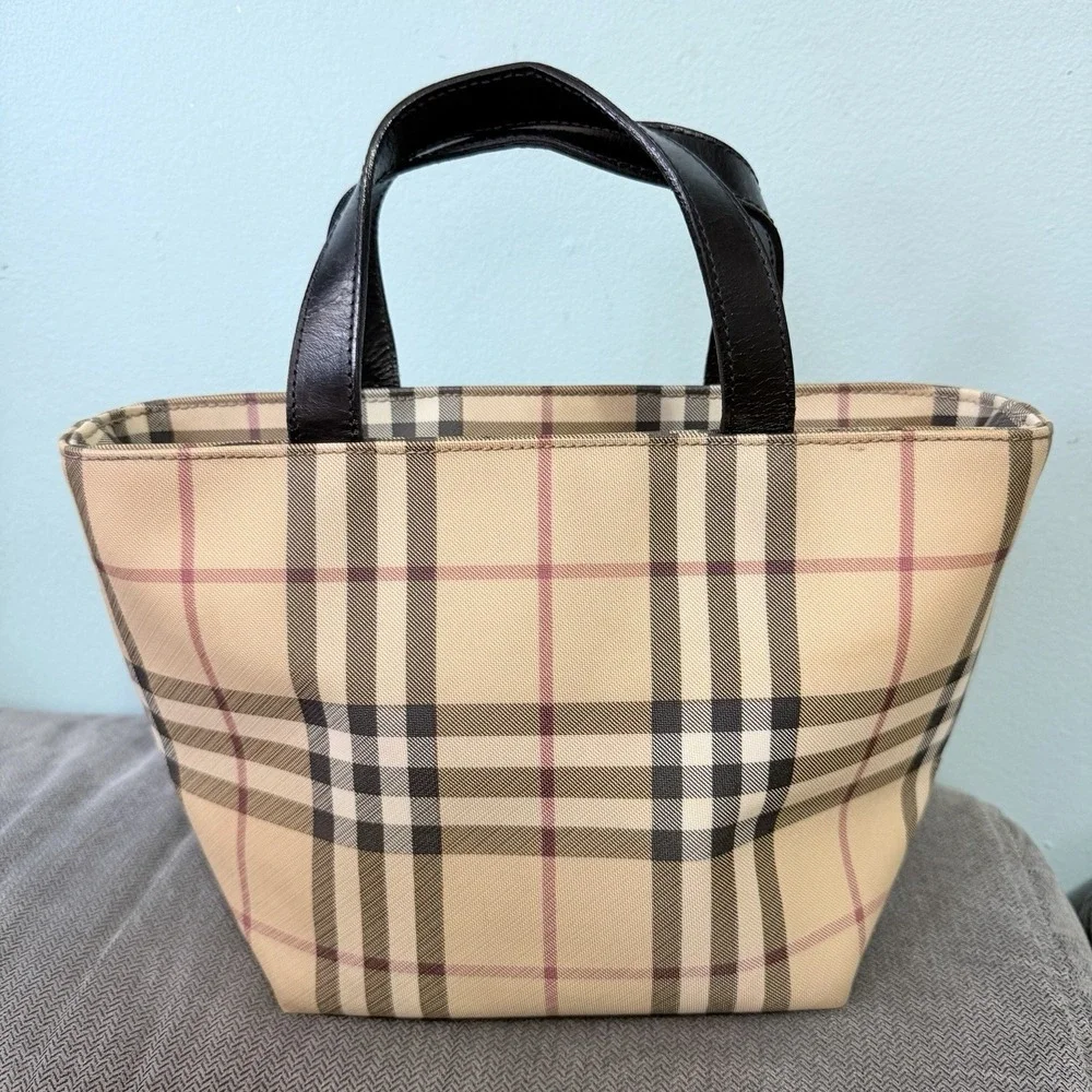 Burberry Nova Check Small Tote Bag‎ Beige Black Leather Handle Zip Italy
